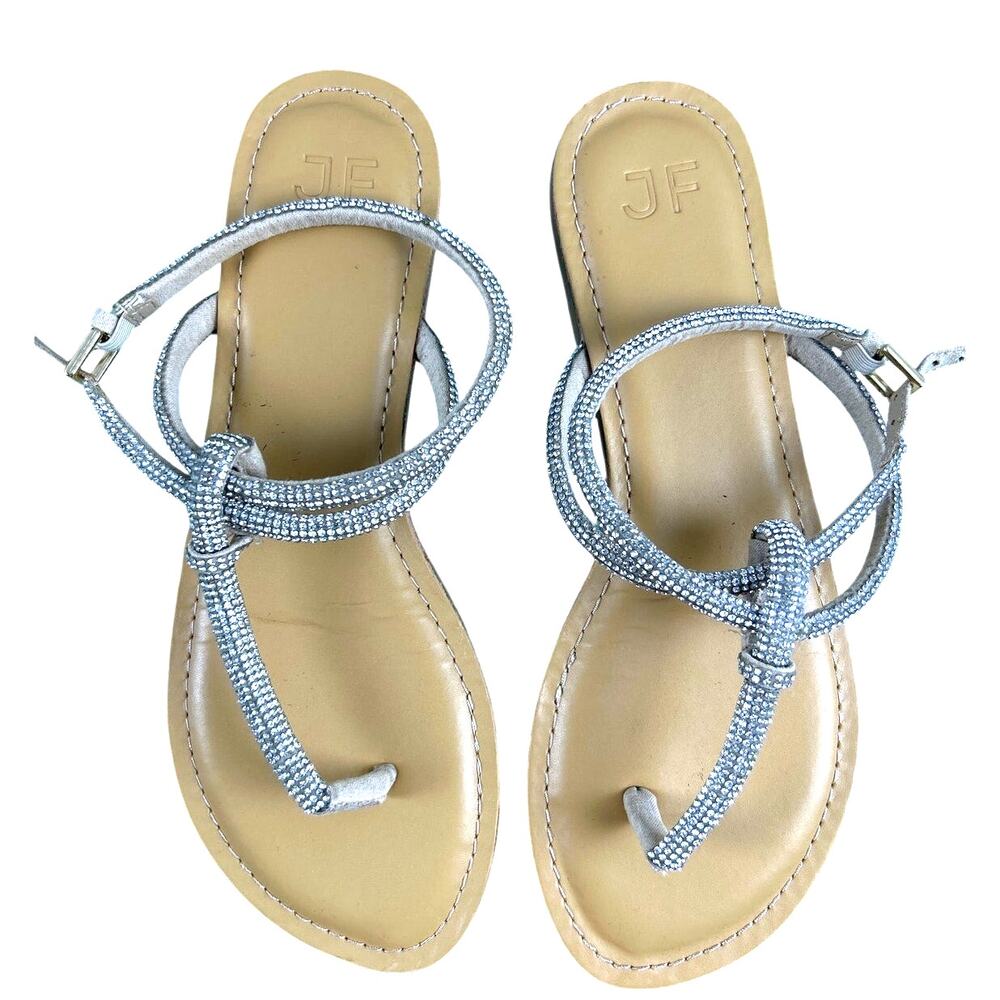 JustFab Rhinestone Strappy Sandals Sparkly Silver Knotted Shoes Thong SZ 7.5 - 8